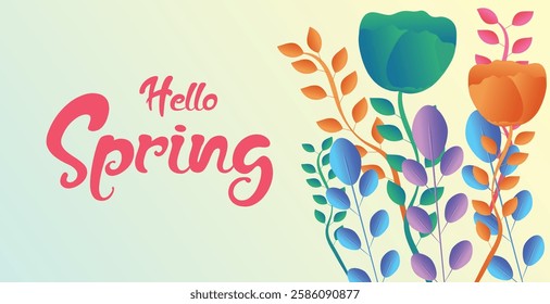 Hello spring web banner greeting card background. Spring season background with colorful flowers and modern trendy design. Spring text with bloom flowers for holiday season celebration template