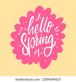 Hola Texto de caligrafía de color blanco Primavera. Forma de flor de color rosa. Aislado sobre fondo amarillo.