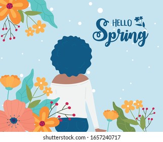 Hello Spring Woman Back View Curly Hair With Flowers Nature Vector Illustration