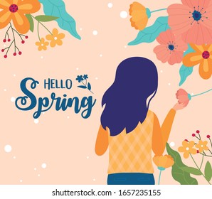 hello spring woman holding flowers floral nature decoration vector illustration