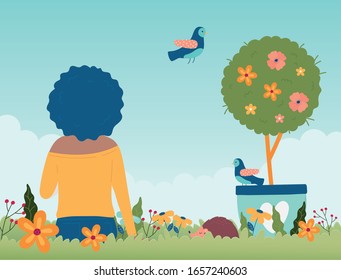 hello spring woman sitting with potted tree flowers bird grass foliage vector illustration