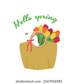 Hello, spring. Women's bag with a bouquet of tulips. Postcard design. Vector illustration.