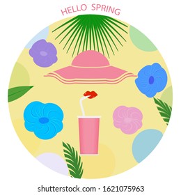 Hello spring - women's hat, red lips, glass with a straw - round icon - isolated on white background - vector.