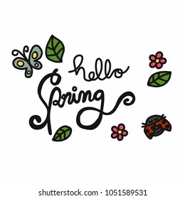 Hello Spring word and leaf doodle illustration