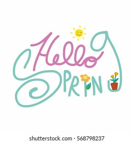 Hello spring word lettering and cute flower pot cartoon vector illustration on white background