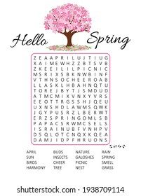 Hello Spring word search puzzle with cherry blossom. Logic game for learning English words.   Educational game.Crossword suitable for social media post. Сolorful vector  worksheet. 