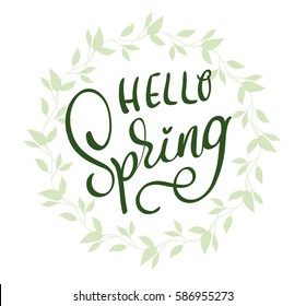 Hello Spring words on white background frame. Calligraphy lettering Vector illustration EPS10