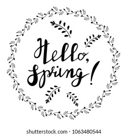 Hello spring, wreath of black leaves, template for invitation design, announcements, greeting cards, posters, advertisement.