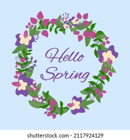Hello Spring wreath. Card with flowers and berries.
