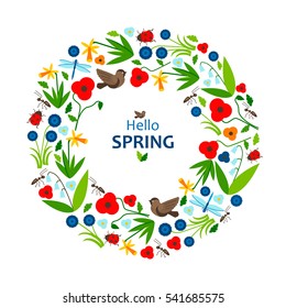 Hello spring. The wreath with cornflowers, daffodils, poppies, ants, bird robin, lily, ladybug and dragonfly. Vector illustration.