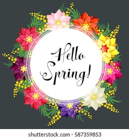 Hello Spring. Wreath of mimosa and other fantastic flowers