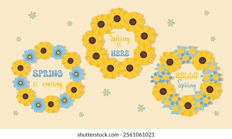 Hello spring wreath sunflower daisy quotes set. Hand drawn floral spring prints. Positive phrases for stickers, cards or posters