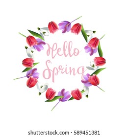 Hello Spring. Wreath of tulips and other flowers. Set flowers set  for the holiday March 8.