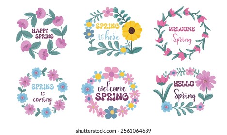 Hello spring wreath tulips sunflower daisies quotes set. Hand drawn floral spring prints. Positive phrases for stickers, cards or posters