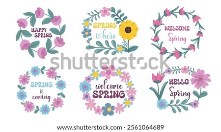 Hello spring wreath tulips sunflower daisies quotes set. Hand drawn floral spring prints. Positive phrases for stickers, cards or posters