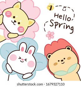 Hello spring writing  Cute cartoon character design collection  Animals hand drawn set  Flower   animals background  Doodle  Vector  Illustration 