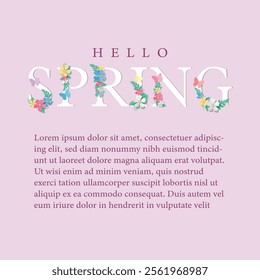 Hello Spring Written Vector Lettering Design, Cute Flourish Illustration with Typography. Useful layout for greeting card, calendar, print and web design, poster, sale banner, mail, ads, shop