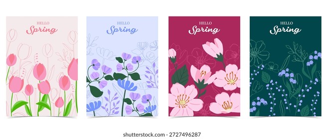 Hola primavera. Colección de fondo floral con Diseños botánicos pastel suave con tulipán, lirio y sakura