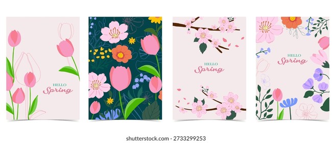 Hola Primavera. Colección de fondo floral con Diseños botánicos pastel suave con tulipán, lirio y sakura