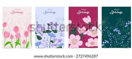 Hello Spring.Floral background Collection with Soft Pastel Botanical Designs with tulip, lily and sakura