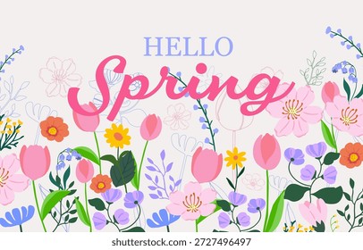 Hola primavera. Colección de ilustración floral con tulipán rosa pastel suave, sakura Anuncio Horizontal de Diseños botánicos
