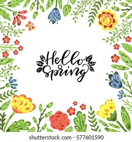 Hello spring.Hand drawn poster with hand lettering.