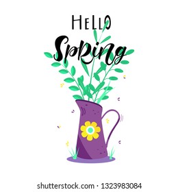 HELLO SPRING-hand lettering. Colorful illustration of a coffee pot with plants. Stylish simple design for card, banner, logo. Vector illustration EPS