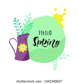 HELLO SPRING-hand lettering. Colorful illustration of a coffee pot with plants. Stylish simple design for card, banner, logo. Vector illustration EPS
