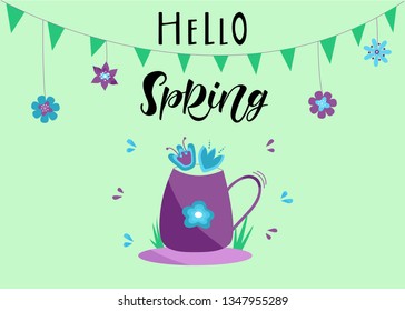HELLO SPRING-hand lettering. Colorful illustration of a cap with plants on a light green background. Stylish simple design for card, banner, logo. Vector illustration EPS