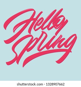 Hello Spring.Vector illustrator.Pink letter on blue background.Typography poster with handwritten calligraphy text,for greeting card or wedding invitation.Brush lettering. 
