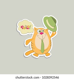 Hello! Sticker with a  from a cat with a hat. Design for mobile messaging, scrapbooking, for printing on clothes or dishes.