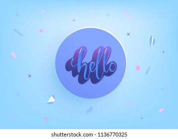 Hello sticker with round badge. Hello quote for banner, poster, social media networks. Vector illustration.