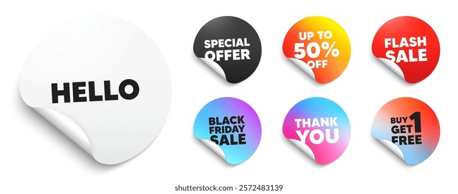 Hello sticker tag. Special offer paper price tags. Hello welcome tag. Hi invitation offer. Formal greetings message. Discount, black friday sticker. Promo banner. Vector