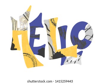 Hello stylized word isolated on white background. Collage textured lettering. Vector stylized text isolated.