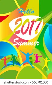 Hello Summer 2017 abstract colorful poster. Holiday Summer Multicolored Vacation background with jumping kids, happy children teens. Vector Camp Summer Vacation, Holiday Invitation Sport Web banner