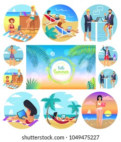 Hello summer 2017, poster set, headline and palms in centerpiece, people working by sea at beach using laptops circles isolated on vector illustration