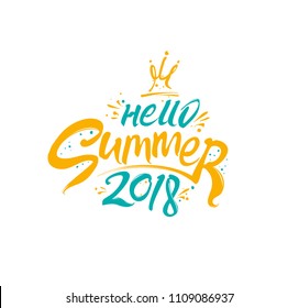 Hello Summer 2018. Two color summer logo art inscription and a funny solar princess crown. Vector lettering template. 