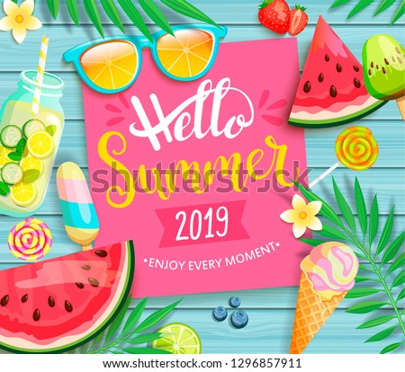 Hello summer 2019 pink card or banner with handdrawn lettering on blue wooden background with watermelon, detox, ice, ice cream,sunglasses and candy, blueberry. Vector Illustration.