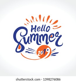 Hello Summer 2019. Vector logo. Flat design of seasonal handwritten label.