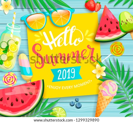 Hello summer 2019 yellow card or banner with handdrawn lettering on blue wooden background with watermelon, detox, ice, ice cream,sunglasses and candy, blueberry. Vector Illustration.