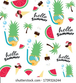 Hello summer 2020 banner with hand drawn letters on a white background with watermelon, ice cream, sunglasses. Vector illustration.