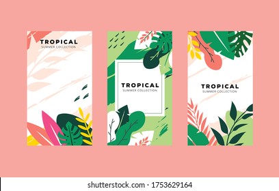 Hola verano 2020 tarjeta de recogida o pancarta con mano dibujada con hojas tropicales sandía, detox, hielo, helado, gafas de sol y dulces, arándano. Ilustración vectorial