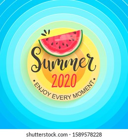 Hello Summer 2020. Greeting banner for summertime with sun, sky and watermelon. Template for card, wallpaper, flyer, invitation, poster, brochure. Vector illustration.