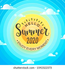 Hello Summer 2020. Greeting banner for summertime with sun, sky and clouds. Template for card, wallpaper, flyer, invitation, poster, brochure. Vector illustration.