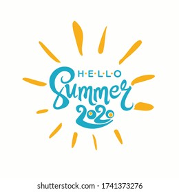 Hello Summer 2020. Round vector logo lettering in the sun.