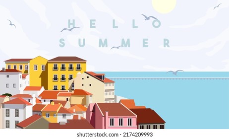 Hello summer 2022. Summer in Lisbon, Portugal. Beautiful old city architecture in Lisboa. Perfect for social media, banners, posters, backgrounds, advertisements, flyers, brochures, wallpapers.