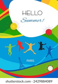 Hello Summer 2024 abstract fluid lines shapes colorful background, kids camp vocation, holiday fireworks travel happy kids jumping Paris tower colorful banner brochure cover pool party vector template