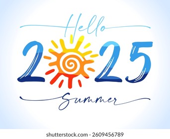 Hello Summer 2025 creative greetings. Social media poster. Web network timeline story. Special offer advertising banner. Cute blue number 20 25 with waving texture and yellow sun. Congrats concept