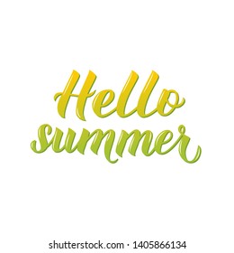 Hello summer 3d lettering isolated on white background. Inspirational seasonal quote typography poster. Hand written logo design. Easy to edit vector template for banner, flyer, sticker, t-shot. 