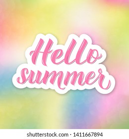 Hello summer 3d lettering on colorful blurred background. Inspirational seasonal quote typography poster. Hand written logo design. Easy to edit vector template for banner, flyer, sticker, etc.